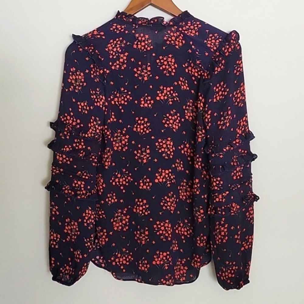 Ann Taylor Navy Blue Floral Teired Ruffle Sleeves and Tie Neckline size … - Picture 9 of 9
